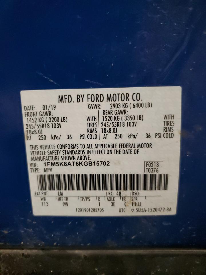 2019 Ford Explorer VIN 1FM5K8AT6KGB15702 Copart auction photo, side damage thumbnail 14
