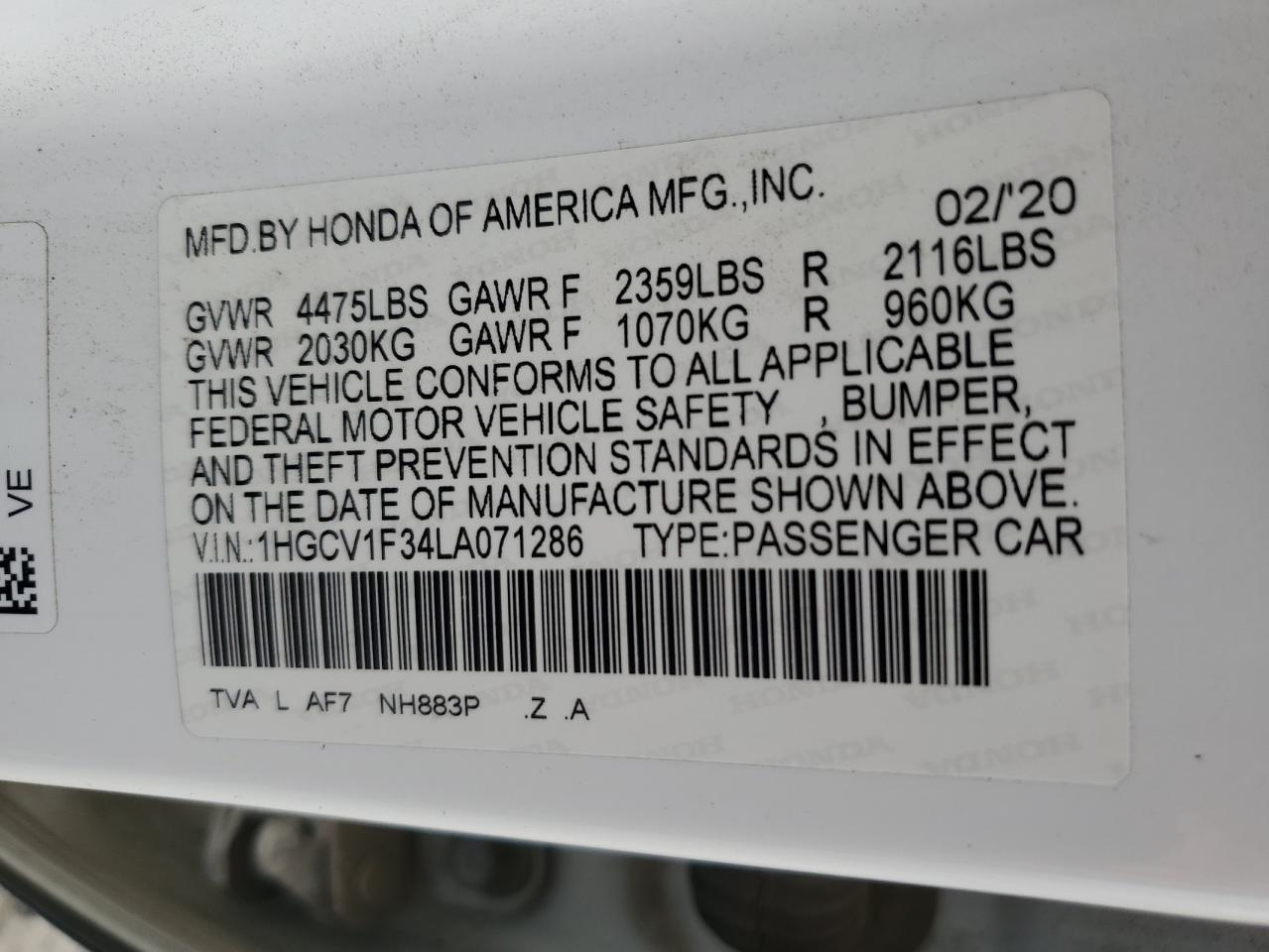 2020 Honda Accord VIN 1HGCV1F34LA071286 Copart auction photo, all over damage thumbnail 14