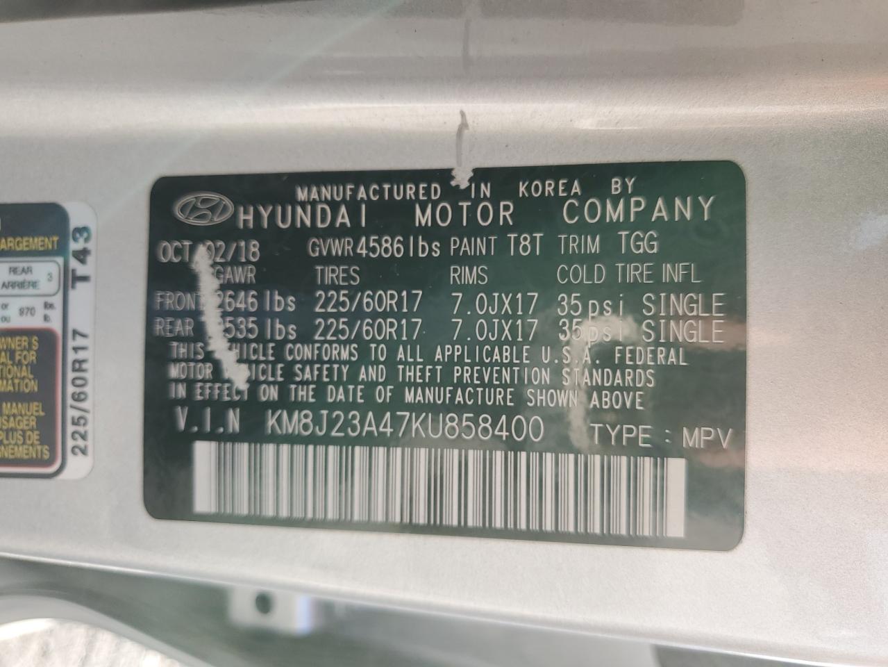 2019 Hyundai Tucson VIN KM8J23A47KU858400 Copart auction photo, front end / rear end damage thumbnail 12