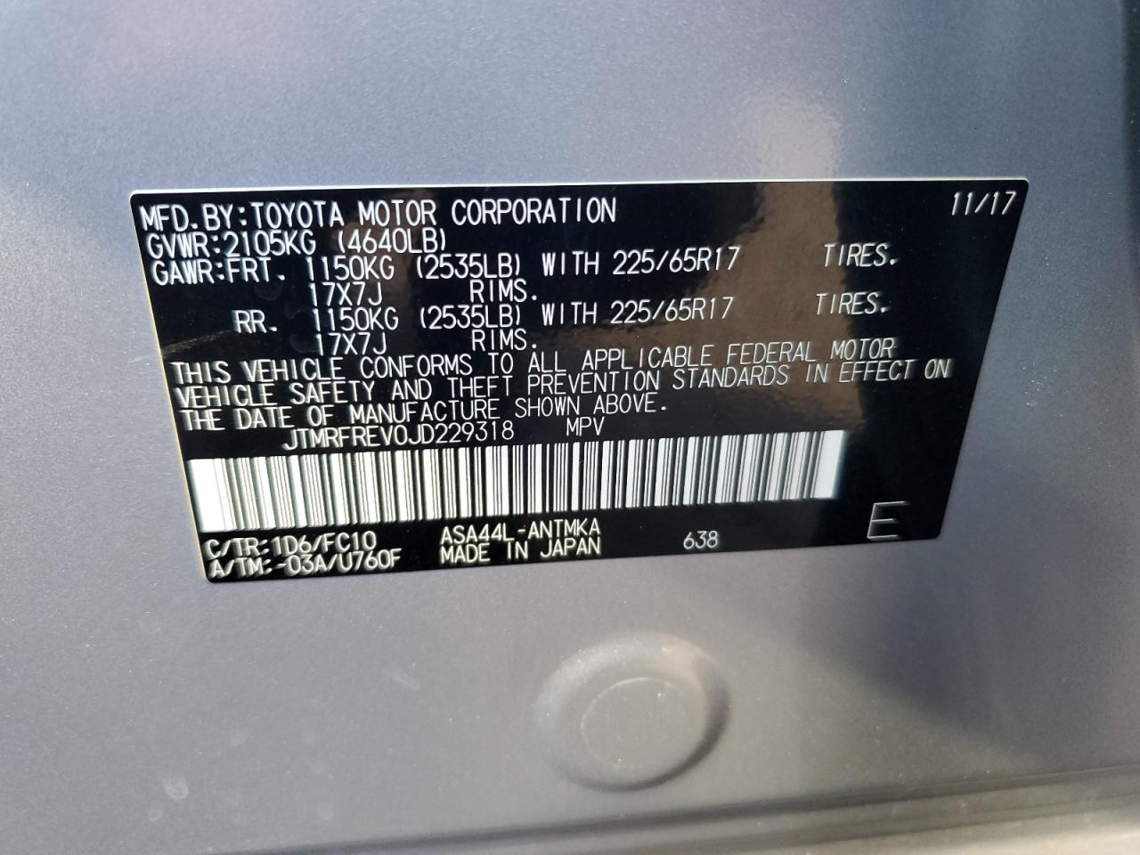 2018 Toyota RAV 4 VIN JTMRFREV0JD229318 Copart auction photo, front end damage thumbnail 15