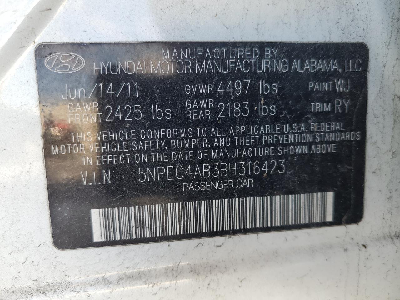 2011 Hyundai Sonata VIN 5NPEC4AB3BH316423 Copart auction photo, front end / side damage thumbnail 14