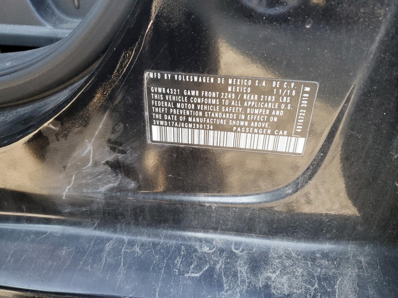 2016 Volkswagen Jetta VIN 3VWD17AJ6GM290134 Copart auction photo, rear end damage thumbnail 12