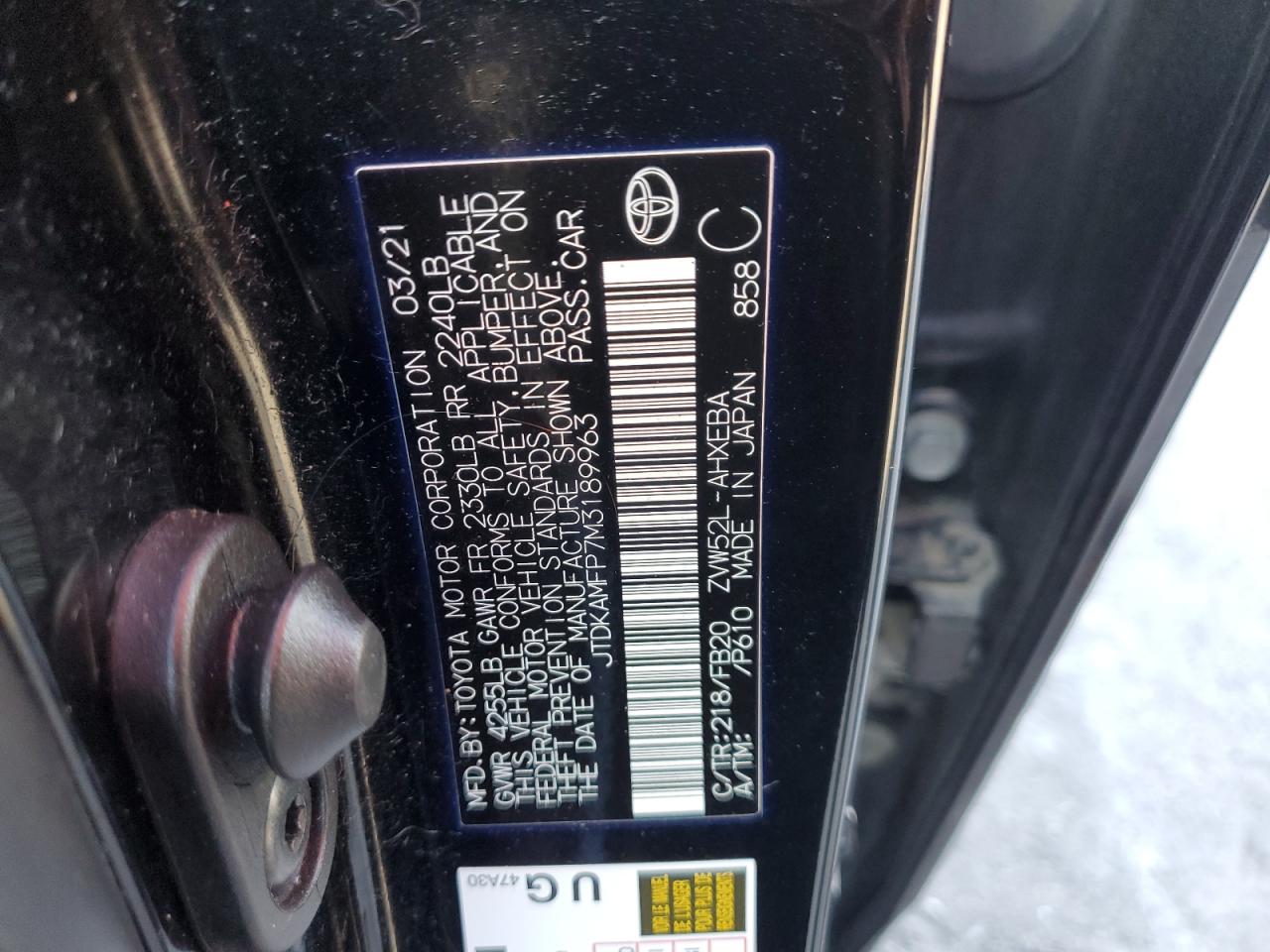 2021 Toyota Prius VIN JTDKAMFP7M3189963 Copart auction photo, front end damage thumbnail 14