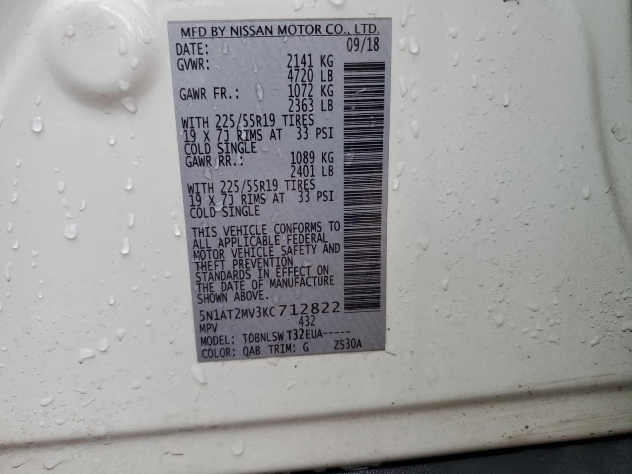 2019 Nissan Rogue VIN 5N1AT2MV3KC712822 Copart auction photo, rear end / side damage thumbnail 12