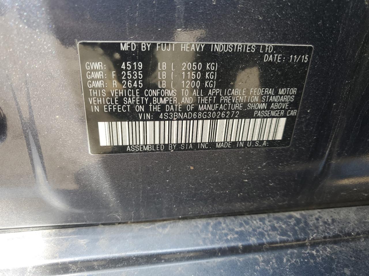 2016 Subaru Legacy VIN 4S3BNAD68G3026272 Copart auction photo, front end damage thumbnail 12