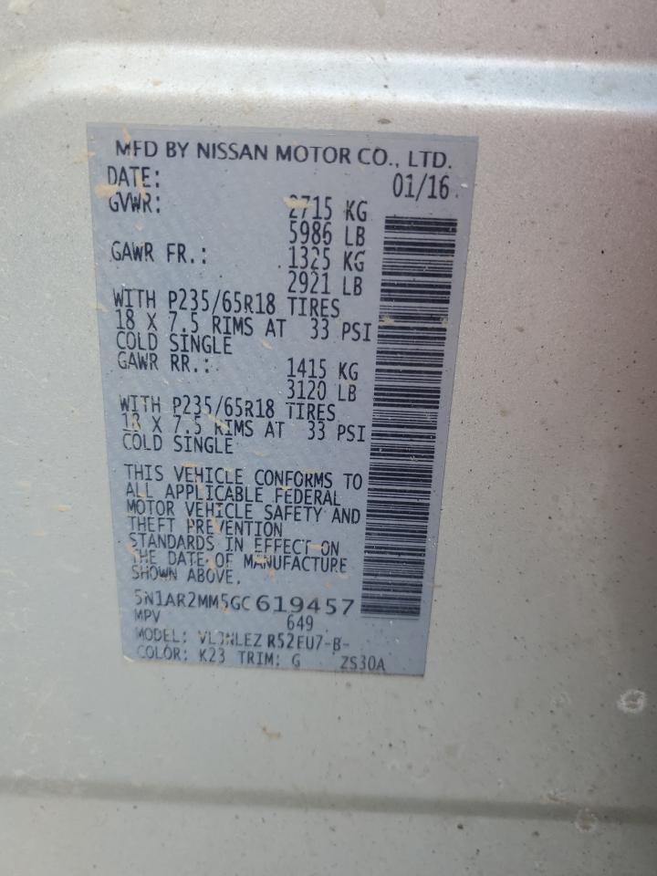 2016 Nissan Pathfinder VIN 5N1AR2MM5GC619457 Copart auction photo, front end / side damage thumbnail 13