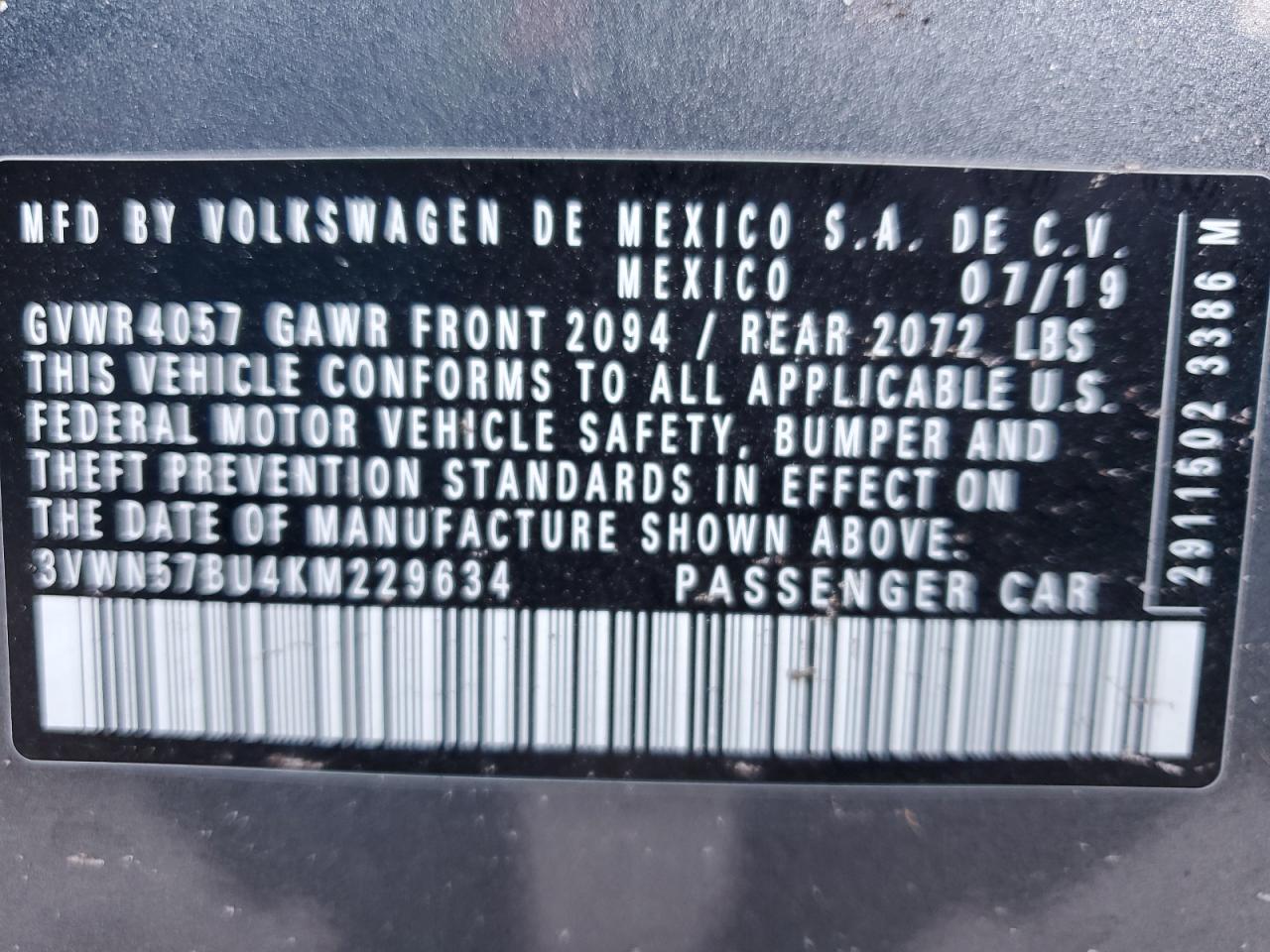 2019 Volkswagen Jetta VIN 3VWN57BU4KM229634 Copart auction photo, rear end / front end damage thumbnail 13
