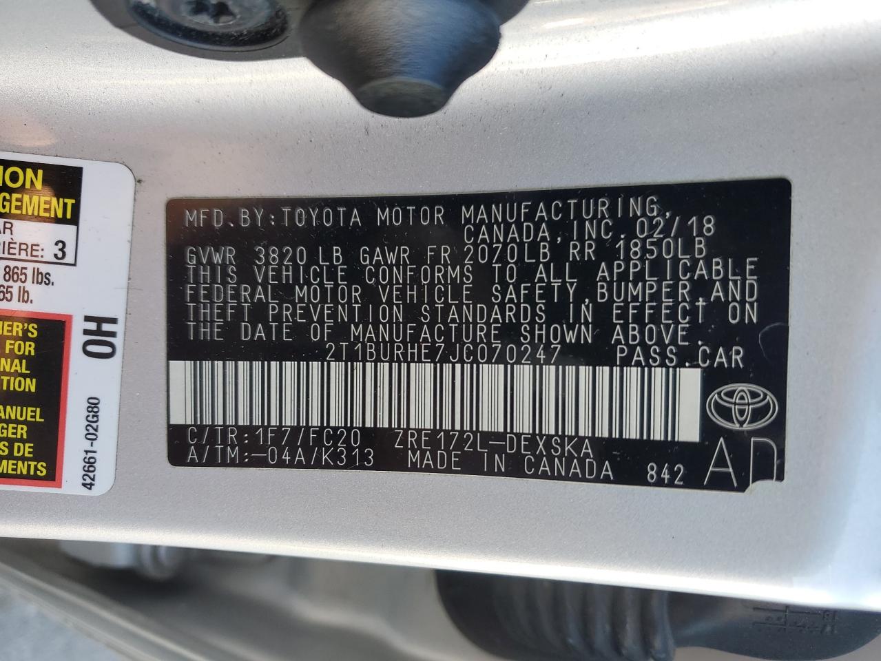 2018 Toyota Corolla VIN 2T1BURHE7JC070247 Copart auction photo, rear end damage thumbnail 12