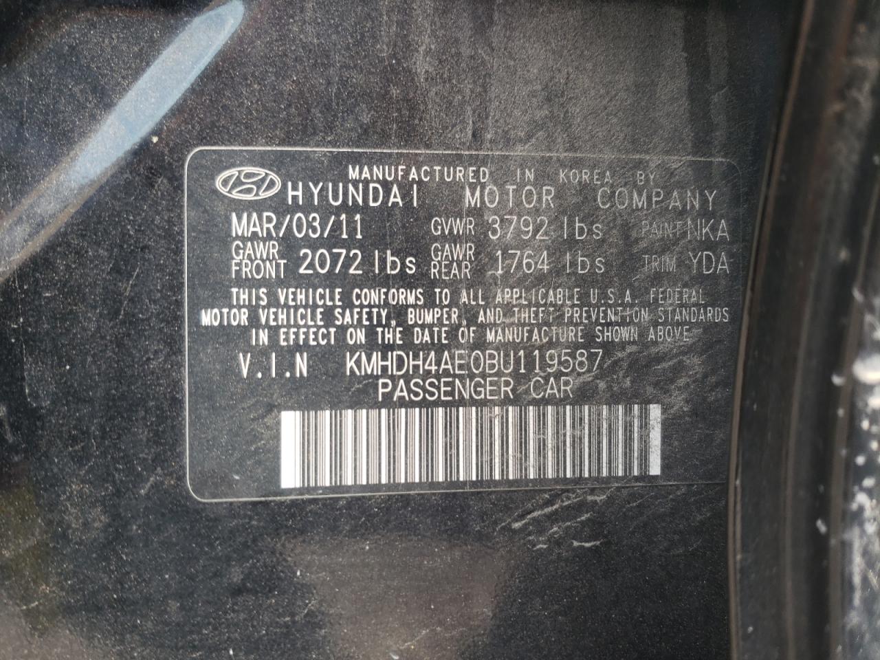 2011 Hyundai Elantra VIN KMHDH4AE0BU119587 Copart auction photo, minor dent/scratches damage thumbnail 12