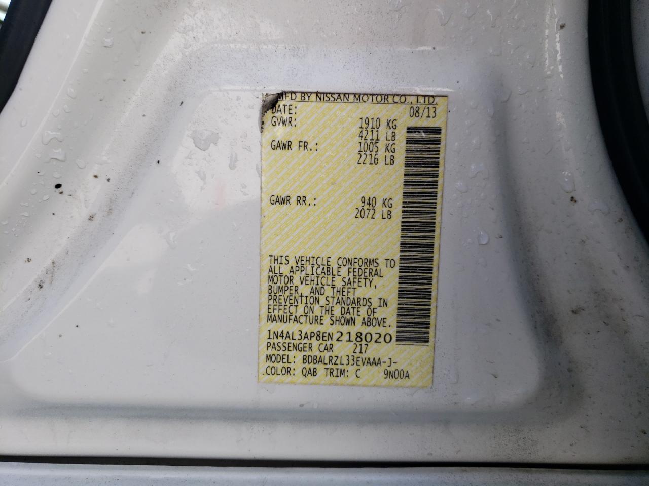 2014 Nissan Altima VIN 1N4AL3AP8EN218020 Copart auction photo, front end damage thumbnail 12