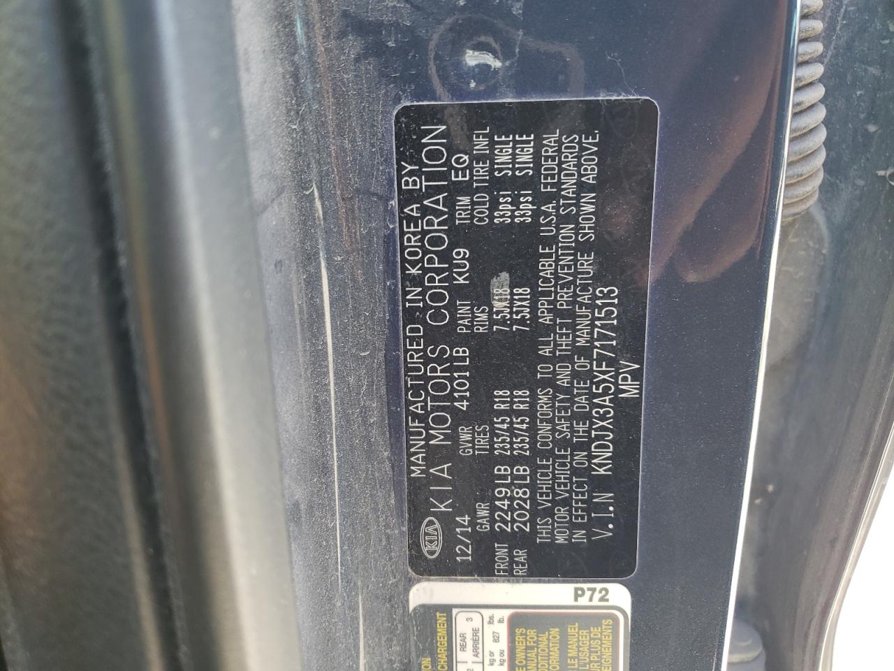 2015 KIA Soul VIN KNDJX3A5XF7171513 Copart auction photo, front end damage thumbnail 14