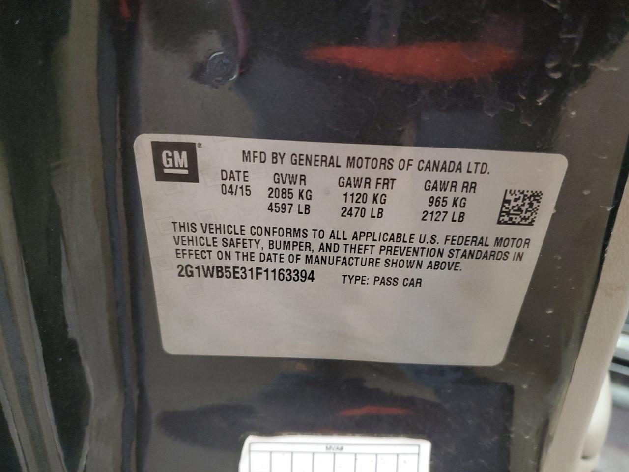 2015 Chevrolet Impala VIN 2G1WB5E31F1163394 Copart auction photo, rear end damage thumbnail 12