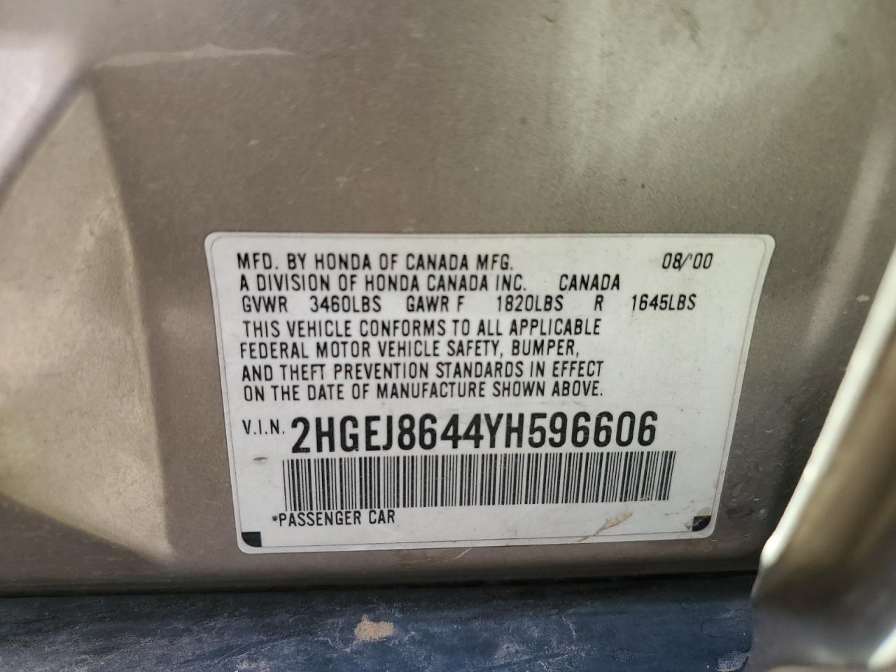 2000 Honda Civic VIN 2HGEJ8644YH596606 Copart auction photo, rear end damage thumbnail 14