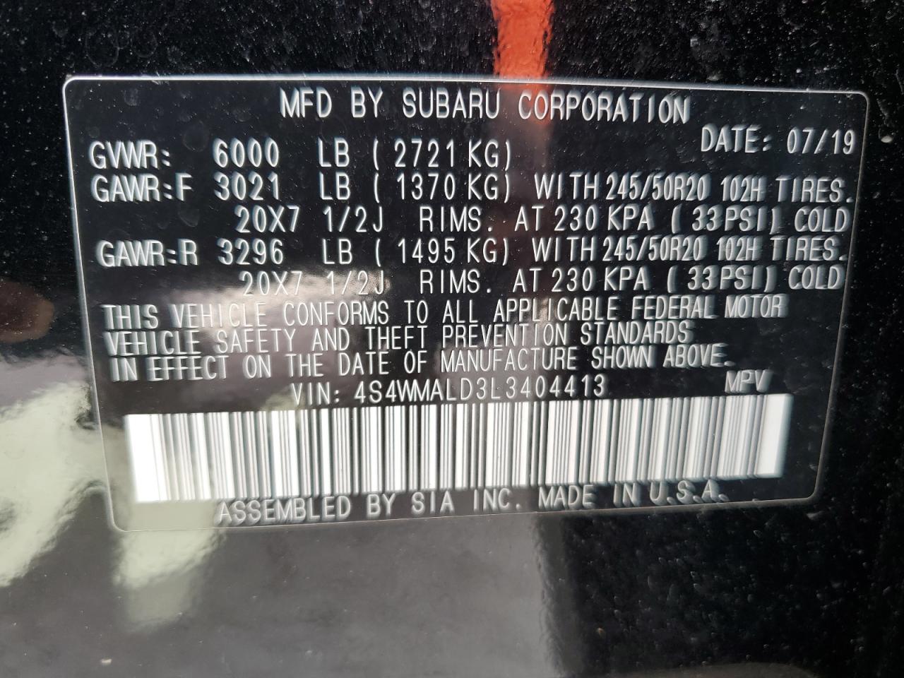 2020 Subaru Ascent VIN 4S4WMALD3L3404413 Copart auction photo, rear end / minor dent/scratches damage thumbnail 13