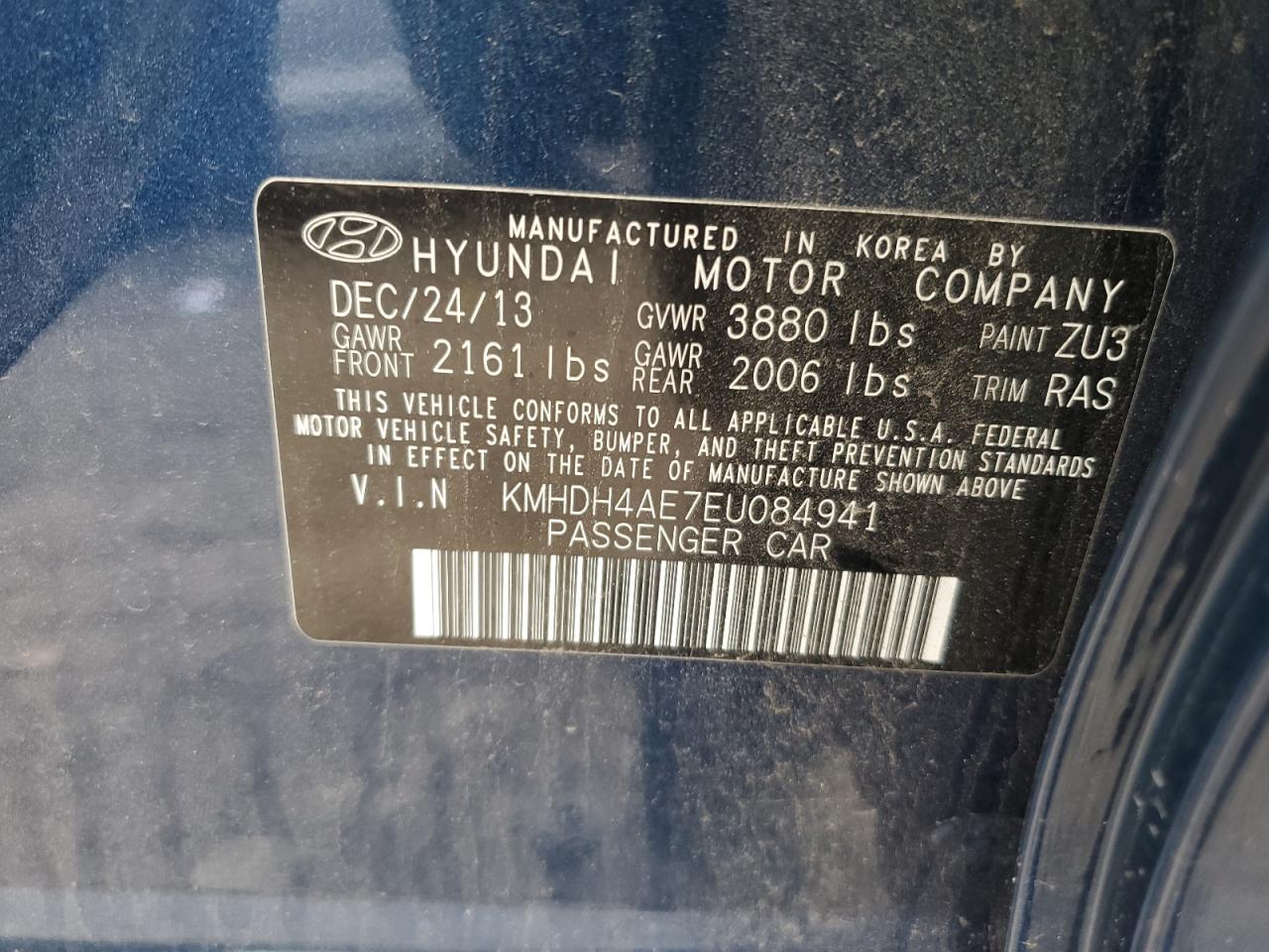 2014 Hyundai Elantra VIN KMHDH4AE7EU084941 Copart auction photo, minor dent/scratches damage thumbnail 12