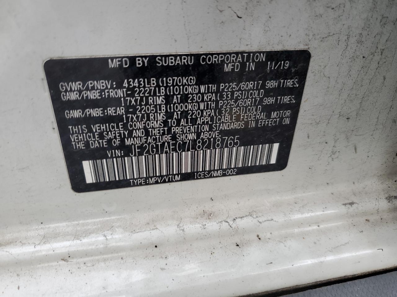2020 Subaru XV VIN JF2GTAEC7L8218765 Copart auction photo, front end damage thumbnail 13
