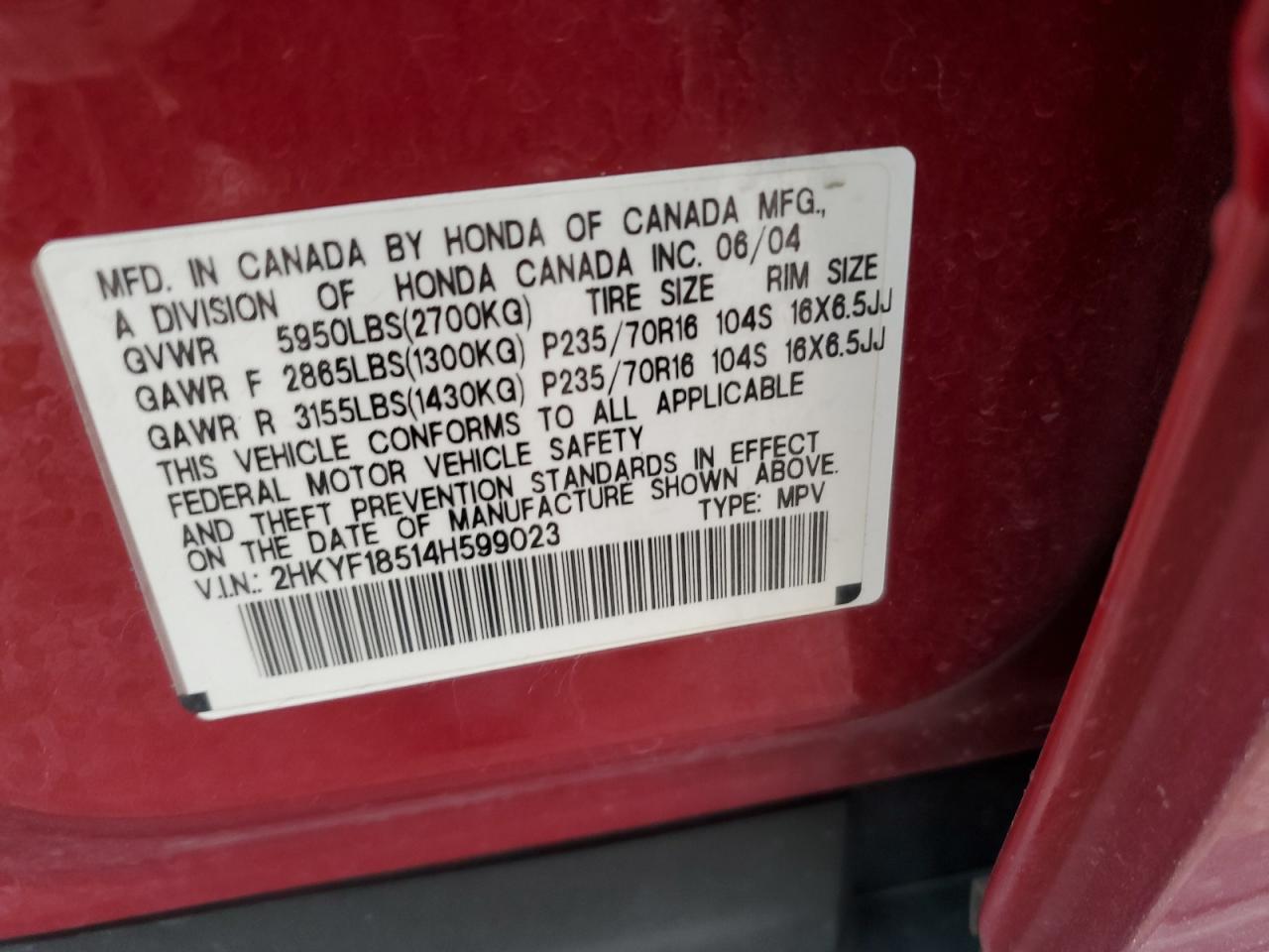 2004 Honda Pilot VIN 2HKYF18514H599023 Copart auction photo, front end damage thumbnail 13