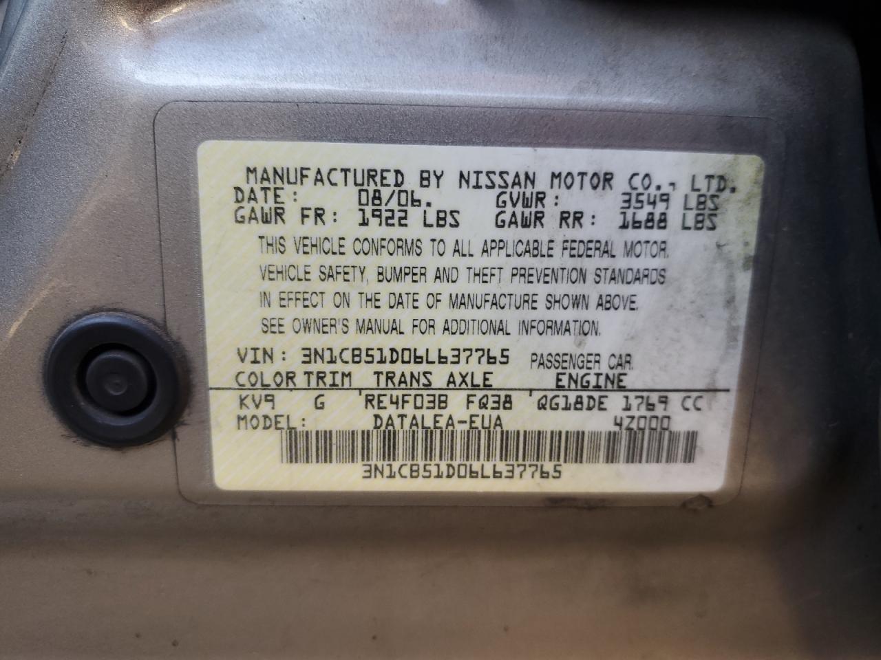 2006 Nissan Sentra VIN 3N1CB51D06L637765 Copart auction photo, side / rear end damage thumbnail 12