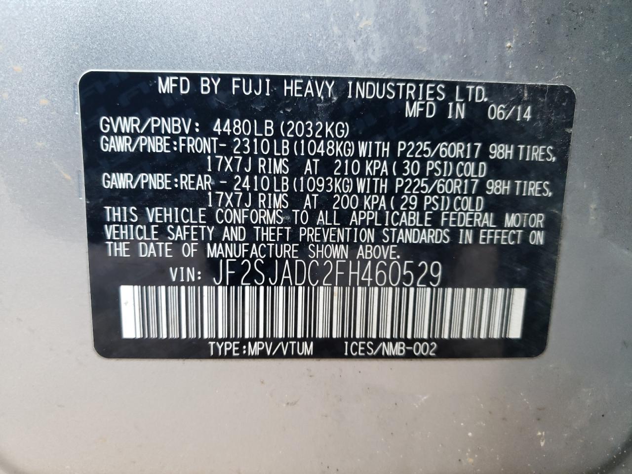2015 Subaru Forester VIN JF2SJADC2FH460529 Copart auction photo, front end / side damage thumbnail 13