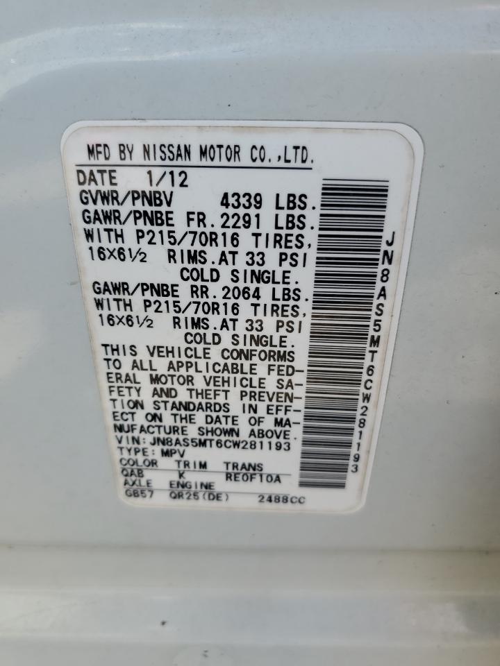 2012 Nissan Rogue VIN JN8AS5MT6CW281193 Copart auction photo, side damage thumbnail 13