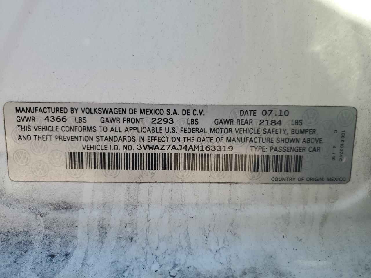 2010 Volkswagen Jetta VIN 3VWAZ7AJ4AM163319 Copart auction photo, side / front end damage thumbnail 12