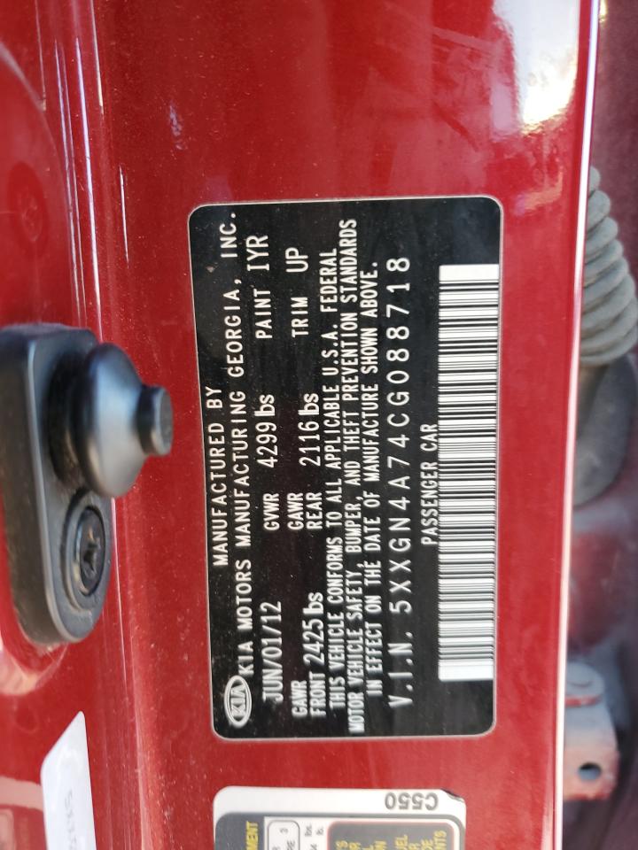 2012 KIA Optima VIN 5XXGN4A74CG088718 Copart auction photo, front end damage thumbnail 12
