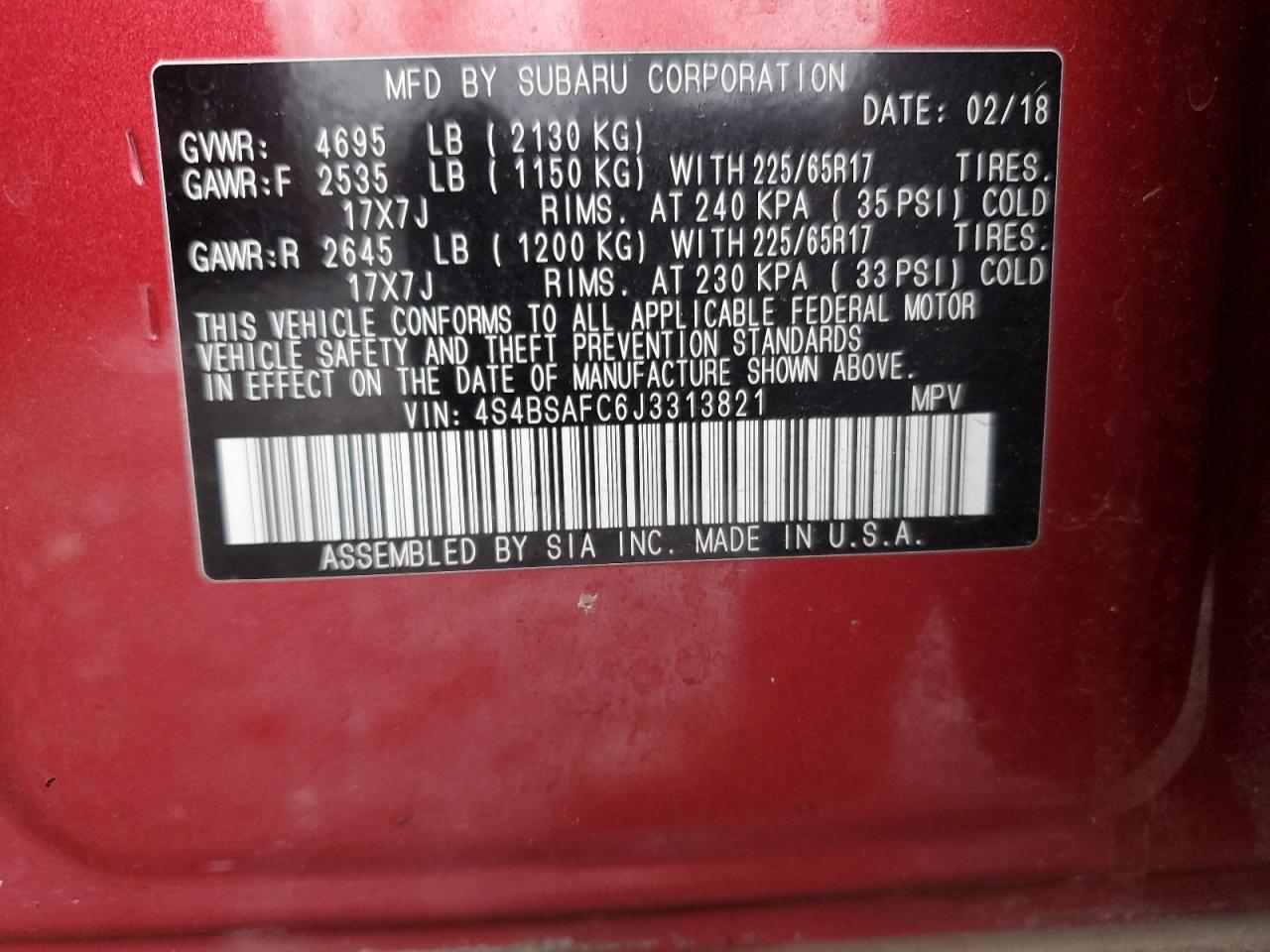 2018 Subaru Outback VIN 4S4BSAFC6J3313821 Copart auction photo, front end damage thumbnail 13