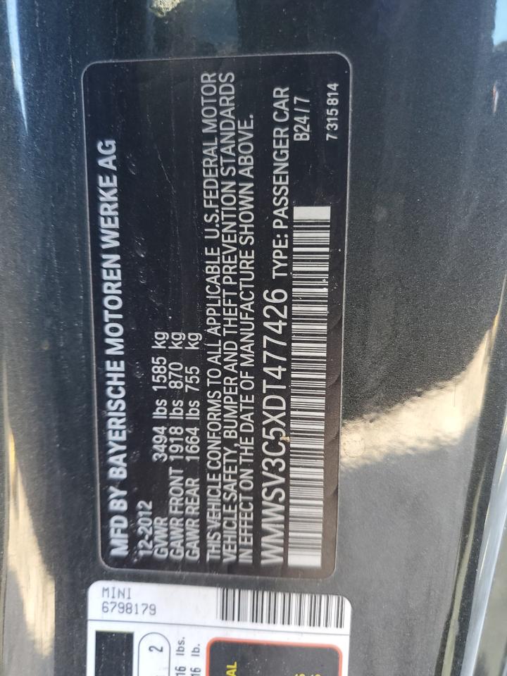 2013 MINI Cooper VIN WMWSV3C5XDT477426 Copart auction photo, minor dent/scratches damage thumbnail 12