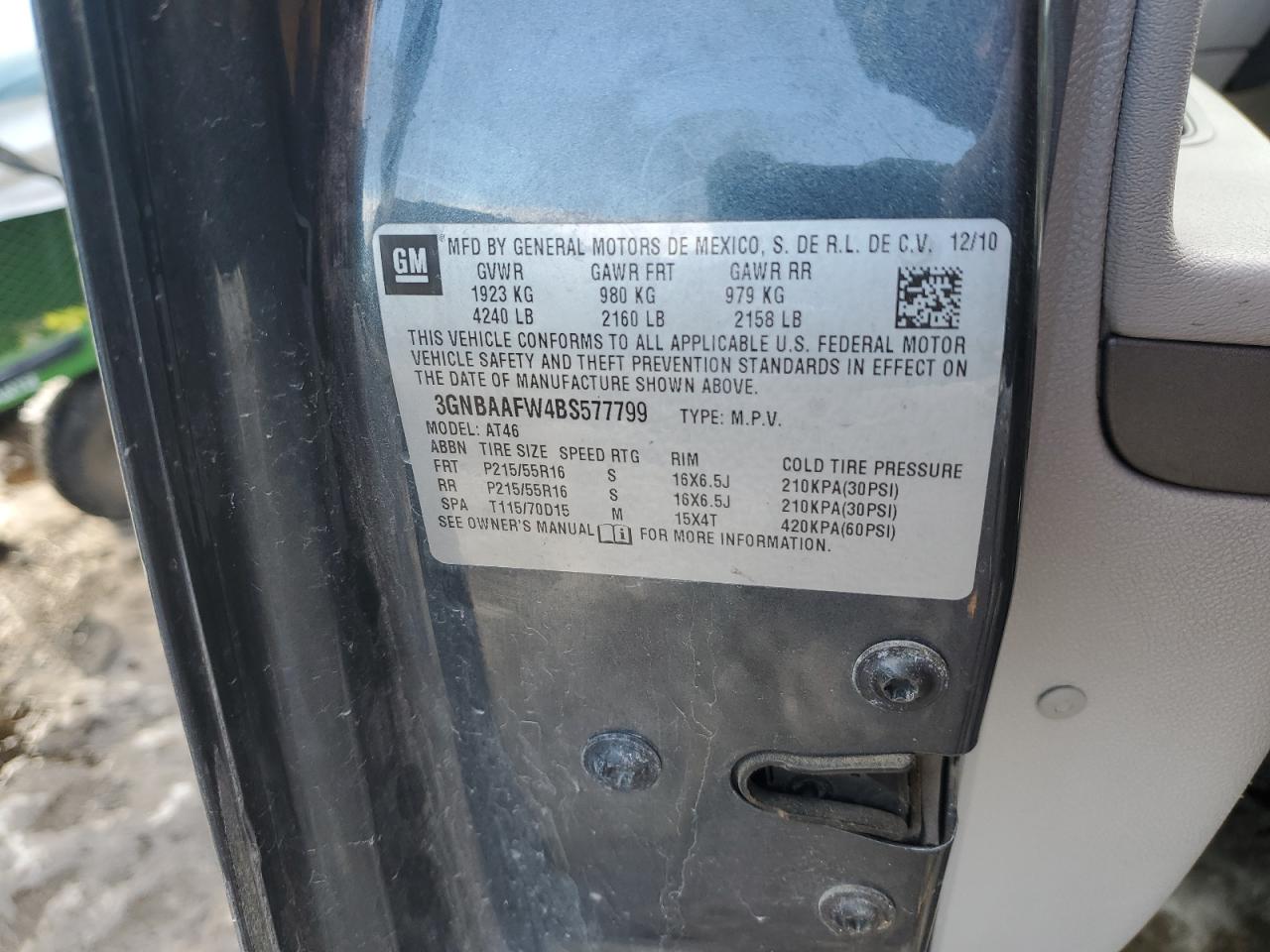 2011 Chevrolet HHR VIN 3GNBAAFW4BS577799 Copart auction photo, front end damage thumbnail 12