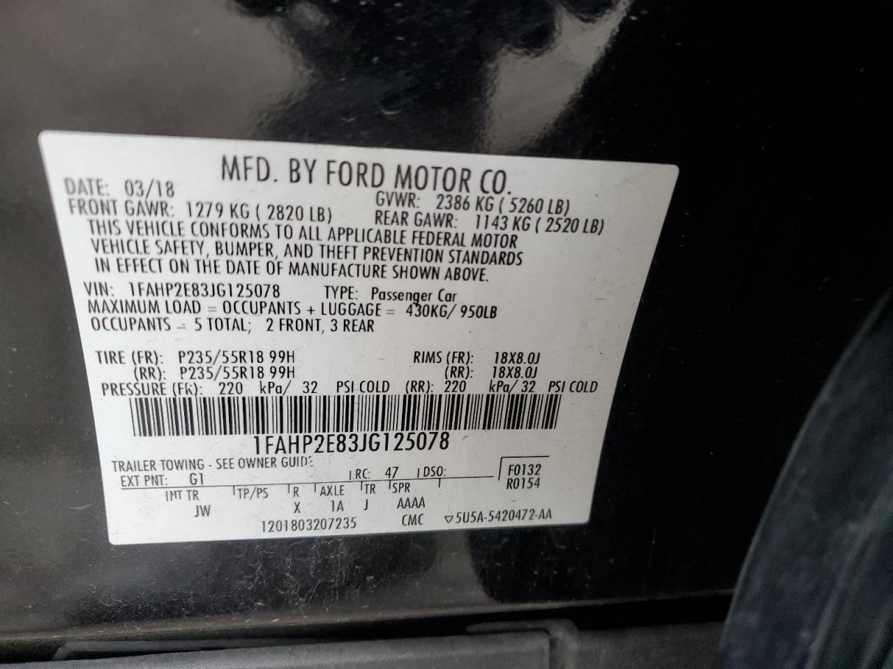 2018 Ford Taurus VIN 1FAHP2E83JG125078 Copart auction photo, side / front end damage thumbnail 14