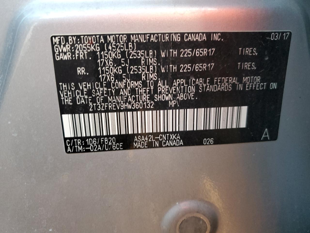 2017 Toyota RAV 4 VIN 2T3ZFREV9HW360132 Copart auction photo, front end damage thumbnail 13
