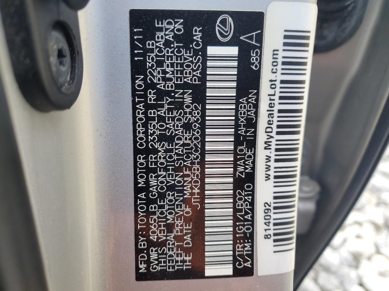 2012 Lexus CT VIN JTHKD5BH3C2069382 Copart auction photo, front end / minor dent/scratches damage thumbnail 13