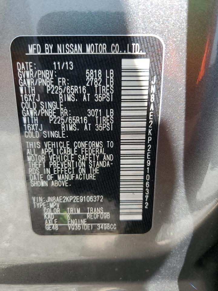 2014 Nissan Quest VIN JN8AE2KP2E9106372 Copart auction photo, front end / side damage thumbnail 14