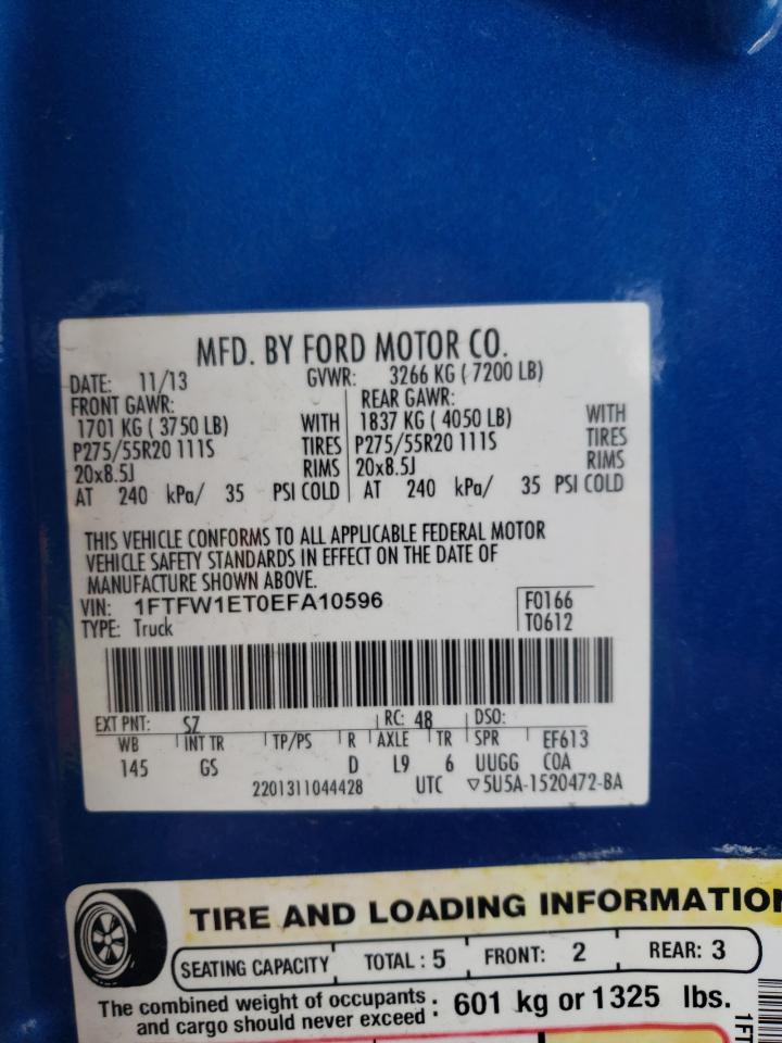 2014 Ford F-150 VIN 1FTFW1ET0EFA10596 Copart auction photo, front end / side damage thumbnail 12