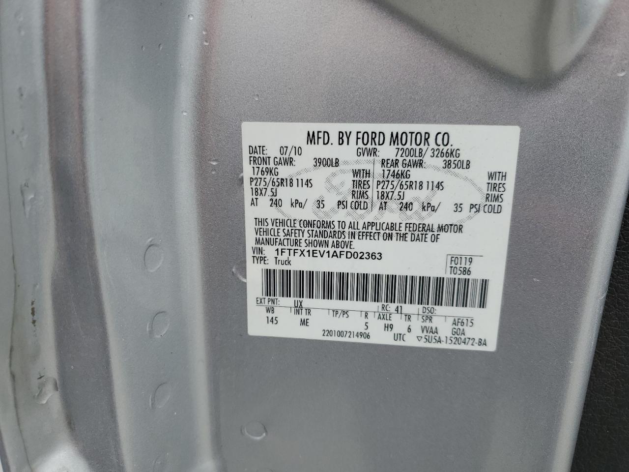 2010 Ford F-150 VIN 1FTFX1EV1AFD02363 Copart auction photo, frame damage / front end damage thumbnail 12