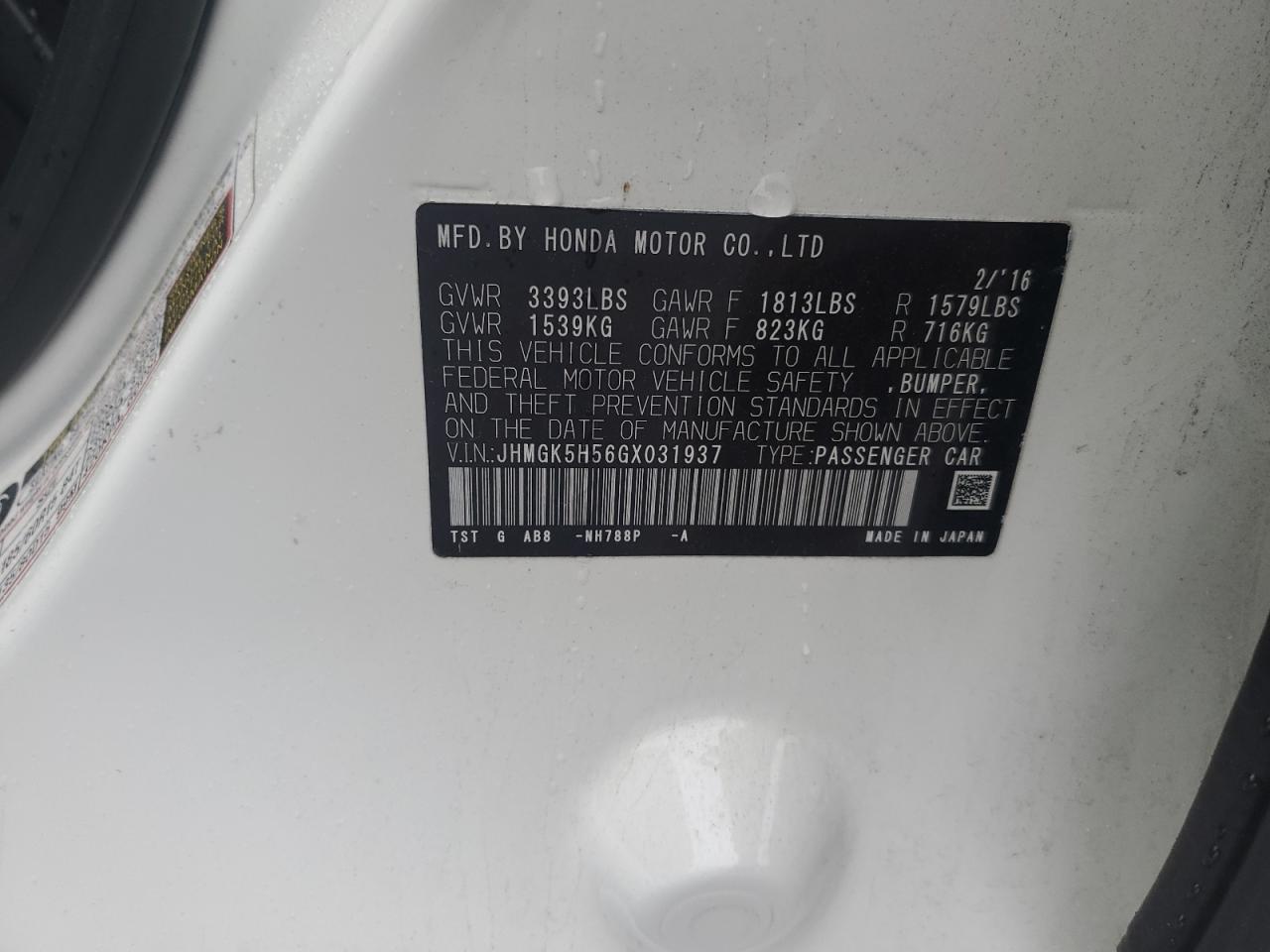 2016 Honda Fit VIN JHMGK5H56GX031937 Copart auction photo, front end / rear end damage thumbnail 14