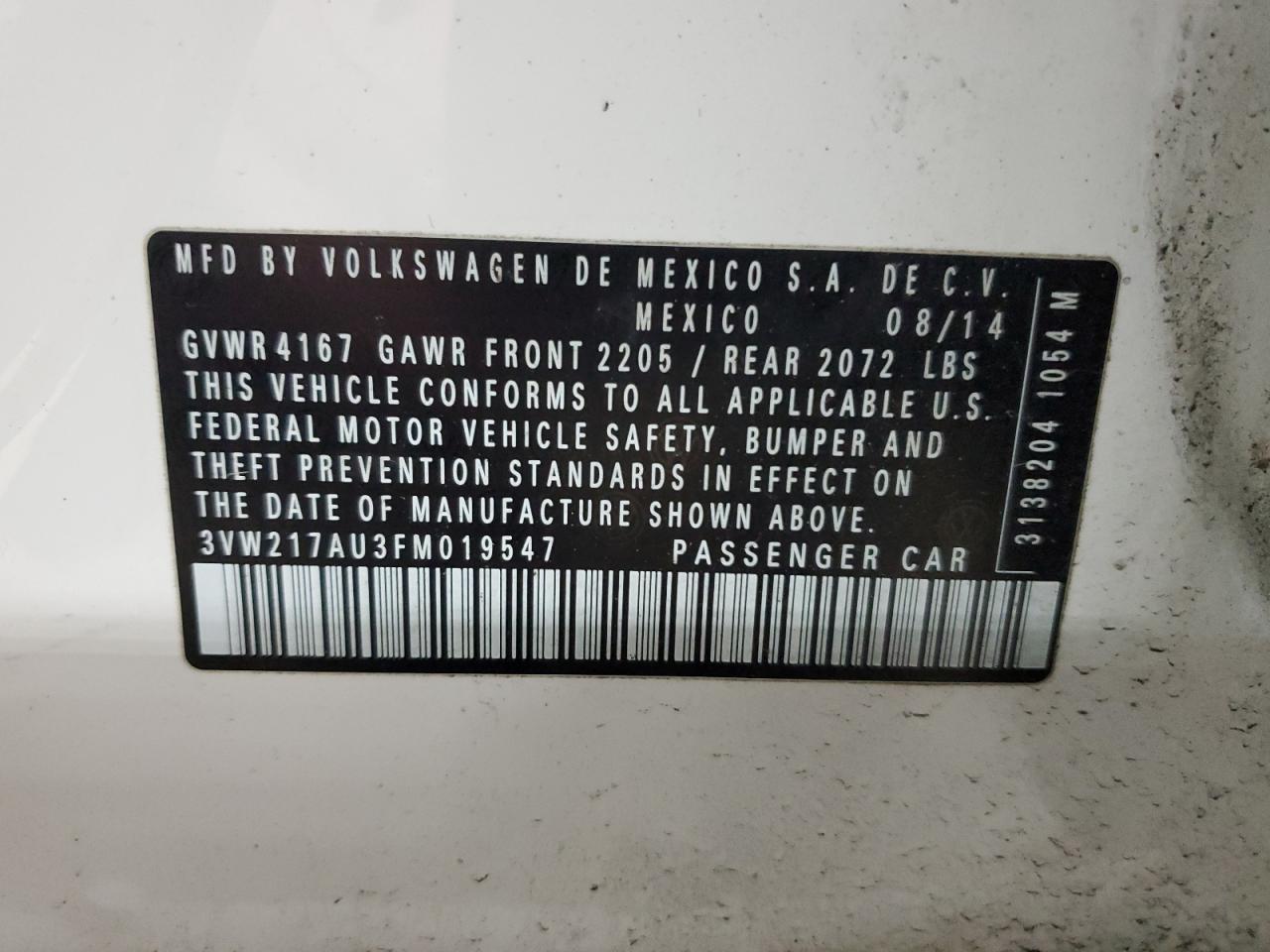 2015 Volkswagen Golf VIN 3VW217AU3FM019547 Copart auction photo, mechanical / minor dent/scratches damage thumbnail 12