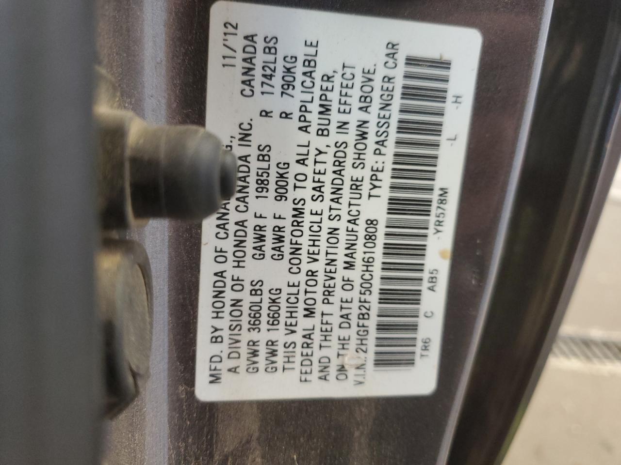 2012 Honda Civic VIN 2HGFB2F50CH610808 Copart auction photo, side / front end damage thumbnail 14