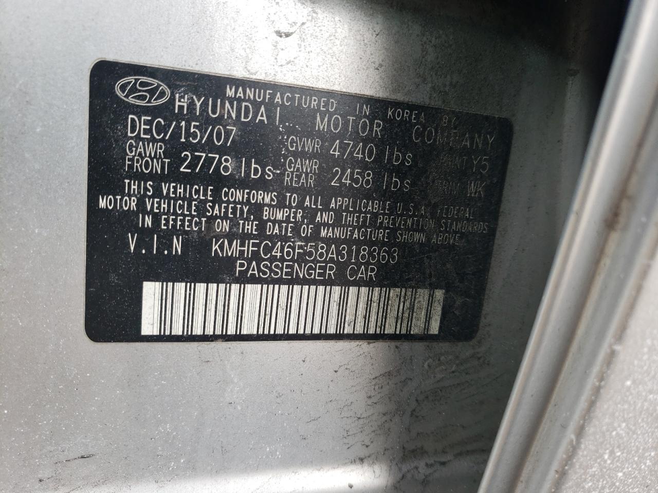 2008 Hyundai Azera VIN KMHFC46F58A318363 Copart auction photo, front end / minor dent/scratches damage thumbnail 12