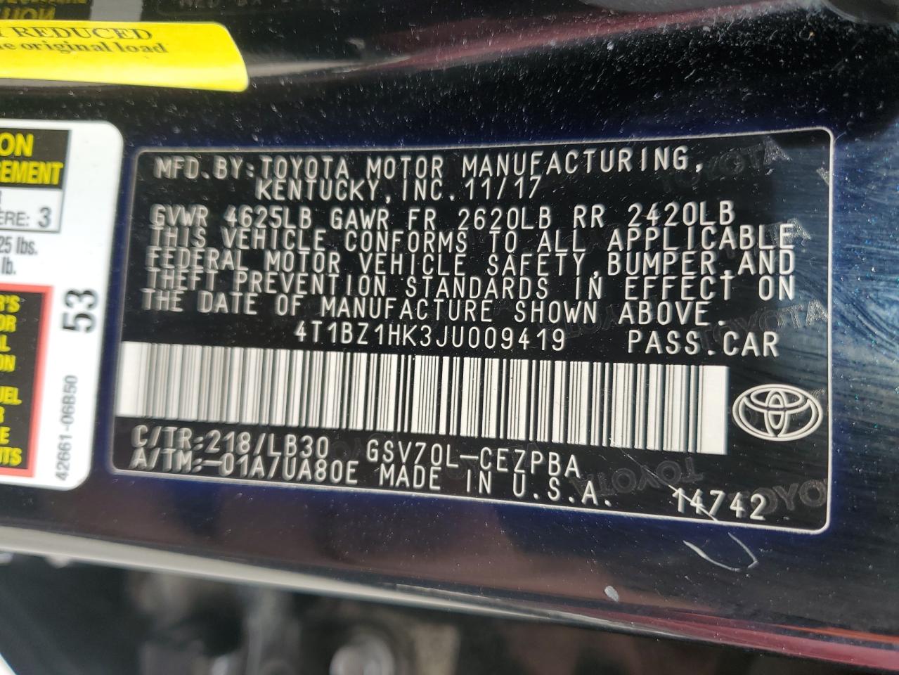 2018 Toyota Camry VIN 4T1BZ1HK3JU009419 Copart auction photo, front end / rear end damage thumbnail 12