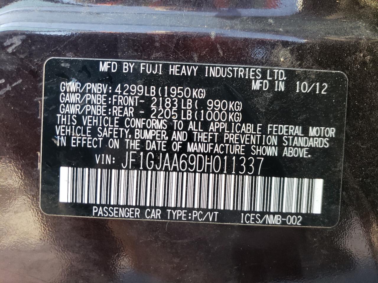 2013 Subaru Impreza VIN JF1GJAA69DH011337 Copart auction photo, front end / hail damage thumbnail 13