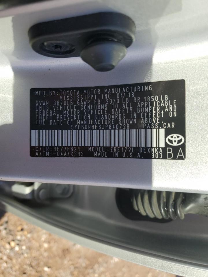 2018 Toyota Corolla VIN 5YFBURHE6JP840728 Copart auction photo, frame damage / front end damage thumbnail 12