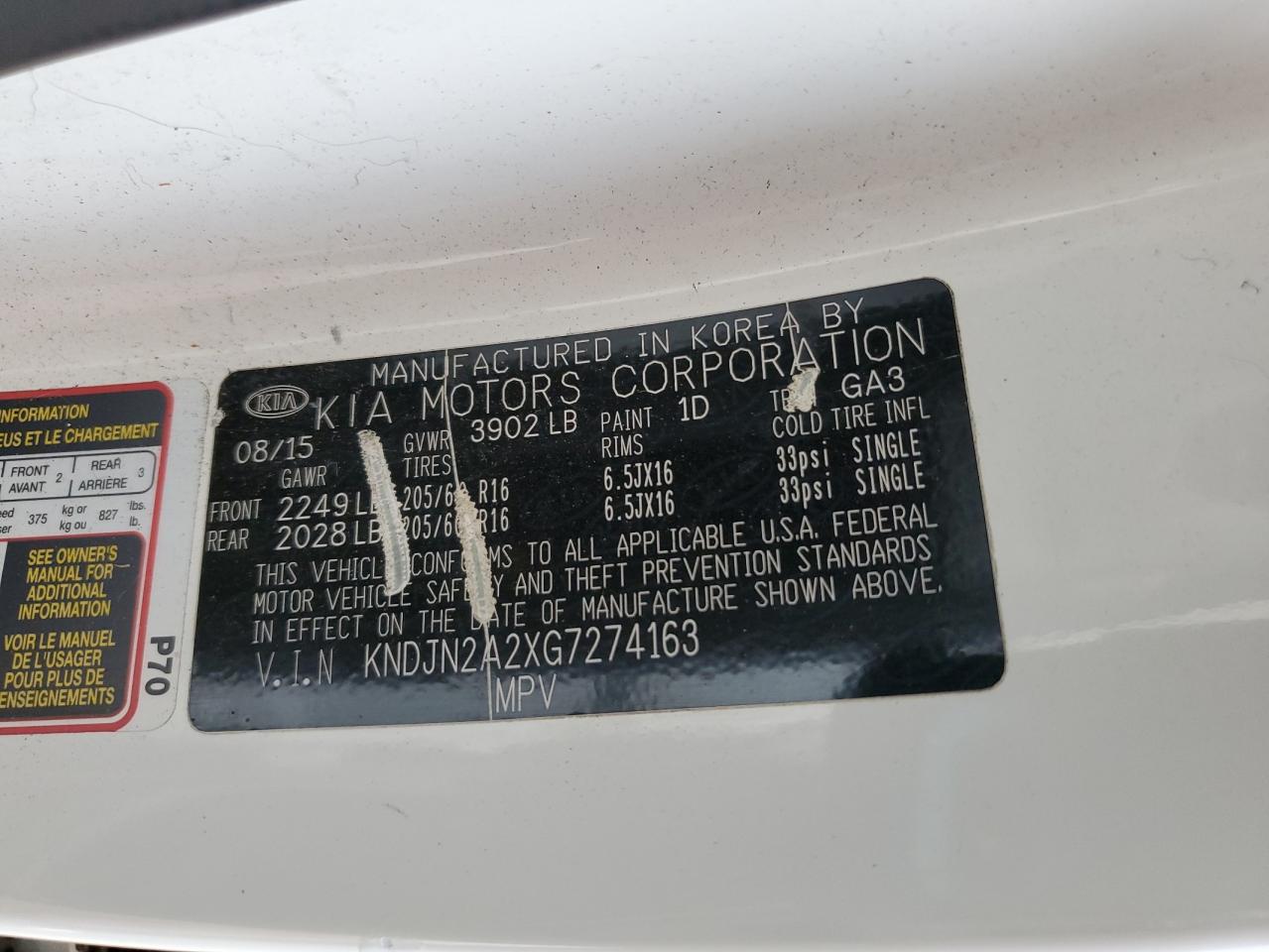 2016 KIA Soul VIN KNDJN2A2XG7274163 Copart auction photo, rear end damage thumbnail 13