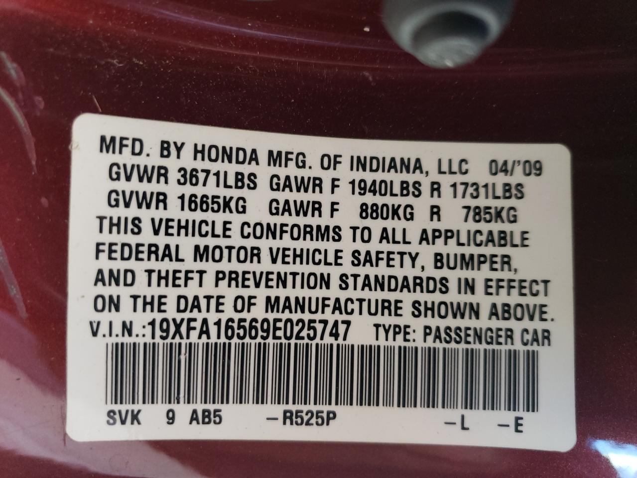 2009 Honda Civic VIN 19XFA16569E025747 Copart auction photo, rear end / hail damage thumbnail 13