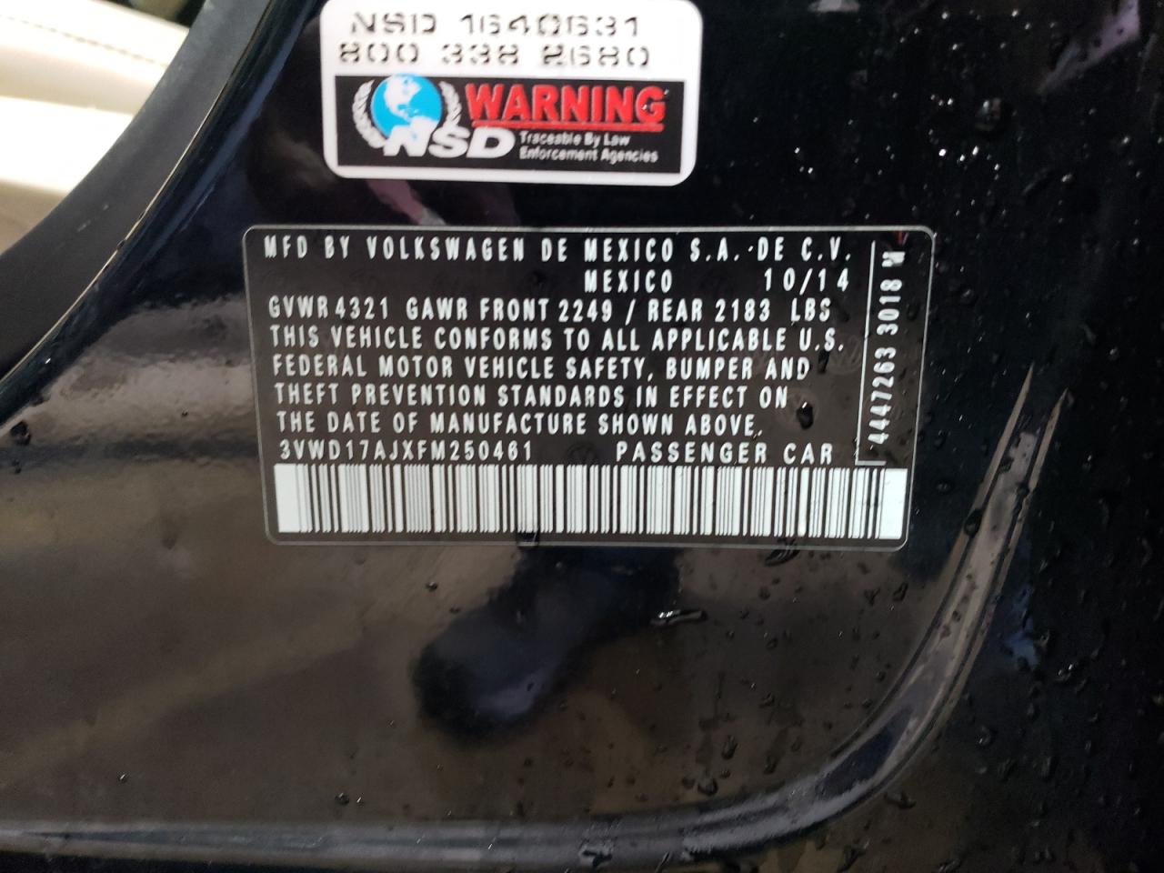 2015 Volkswagen Jetta VIN 3VWD17AJXFM250461 Copart auction photo, side damage thumbnail 12