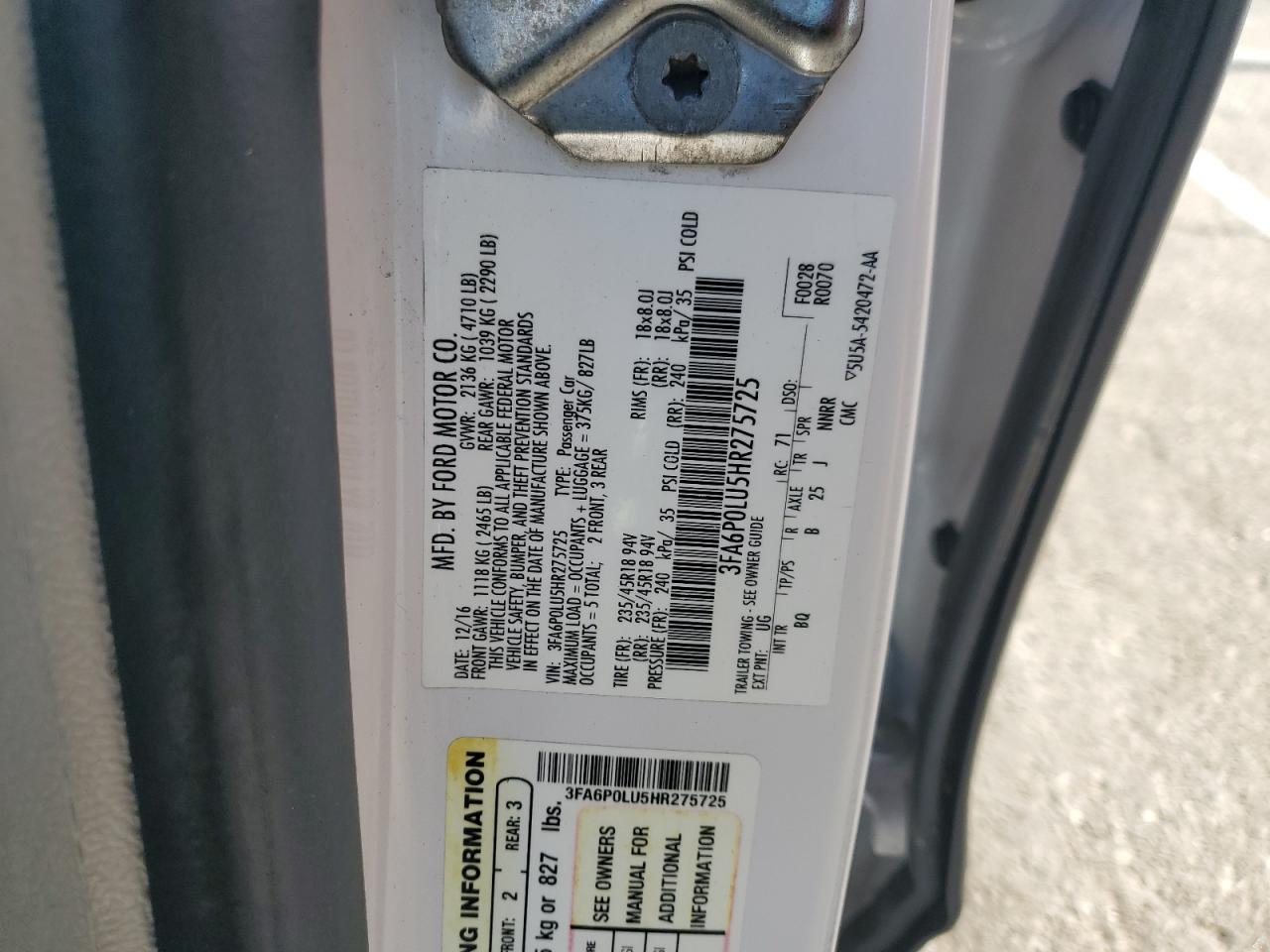 2017 Ford Fusion VIN 3FA6P0LU5HR275725 Copart auction photo, front end / minor dent/scratches damage thumbnail 13