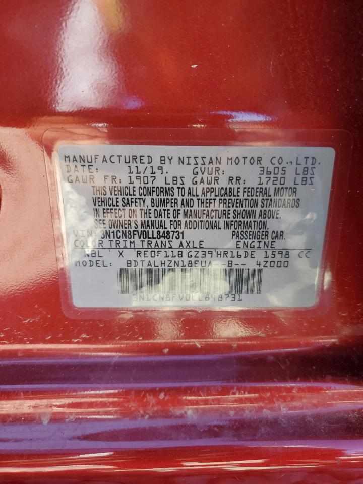 2020 Nissan Versa VIN 3N1CN8FV0LL848731 Copart auction photo, undercarriage / side damage thumbnail 14
