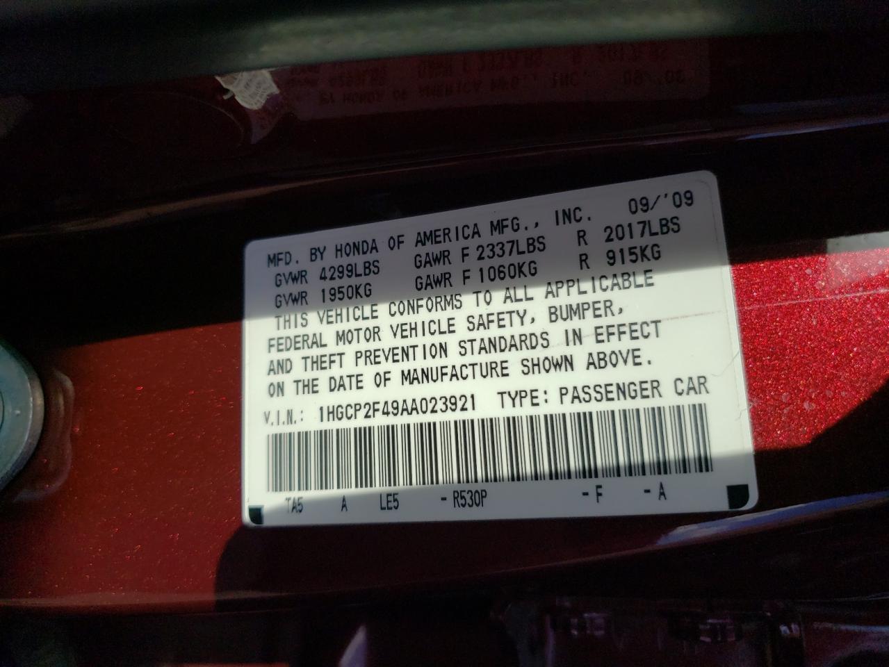 2010 Honda Accord VIN 1HGCP2F49AA023921 Copart auction photo, all over damage thumbnail 13