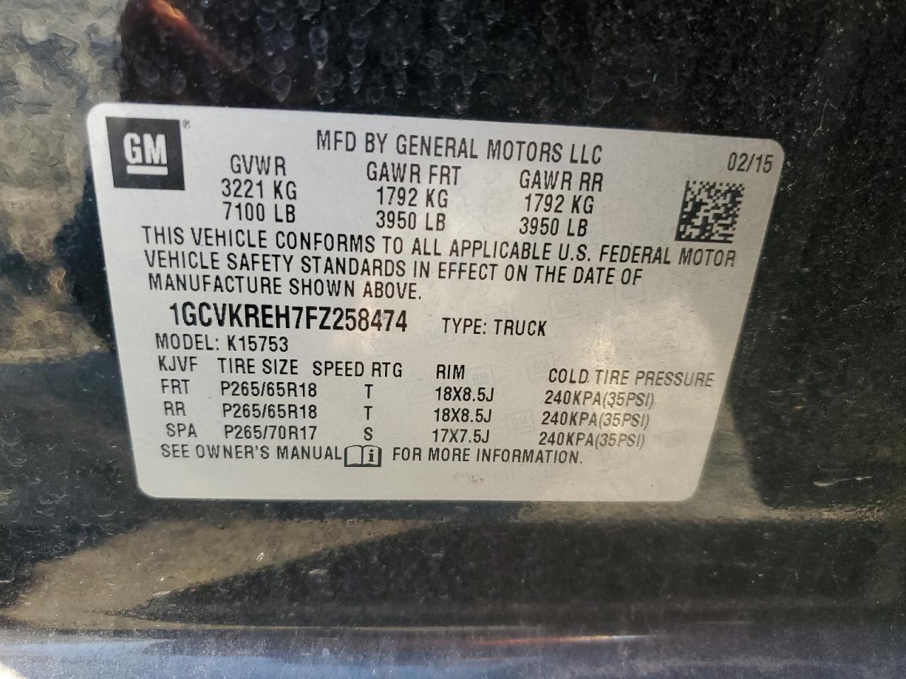 2015 Chevrolet Silverado VIN 1GCVKREH7FZ258474 Copart auction photo, top/roof / side damage thumbnail 13