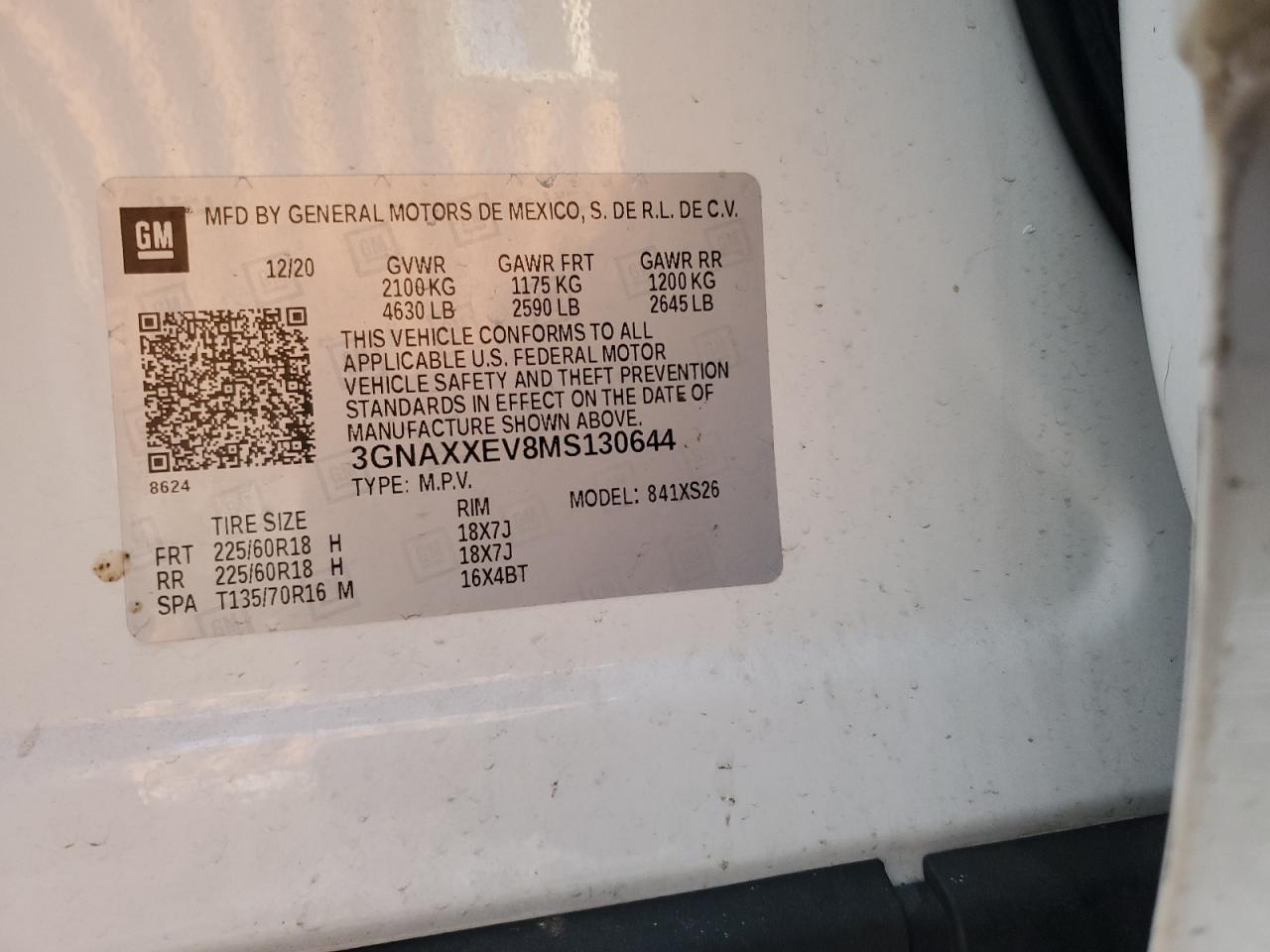 2021 Chevrolet Equinox VIN 3GNAXXEV8MS130644 Copart auction photo, side / front end damage thumbnail 14